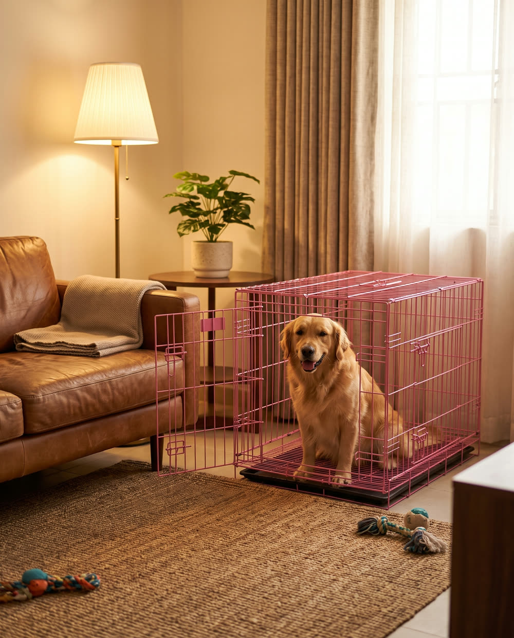 Golden retriever resting in a pink Chewy Pet collapsible cage at home